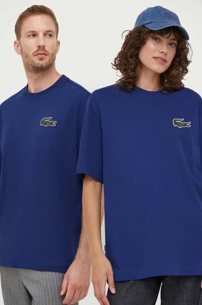 Бавовняна футболка Lacoste з аплікацією колір блакитний