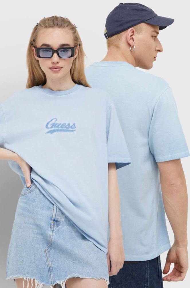 Бавовняна футболка Guess Originals з аплікацією колір блакитний