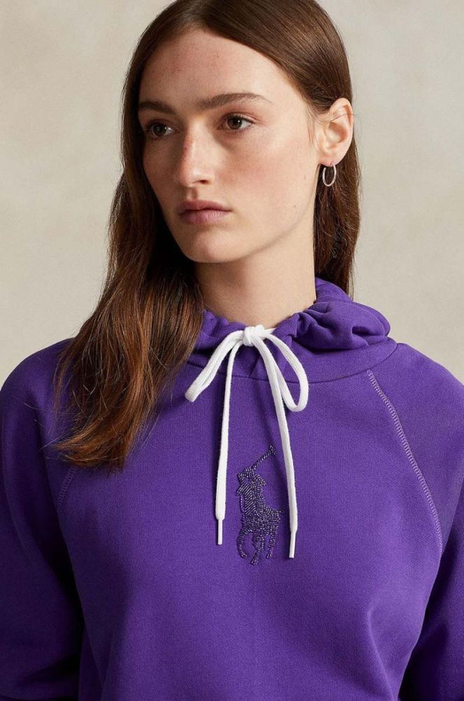 Бавовняна кофта Polo Ralph Lauren жіноча колір фіолетовий з капюшоном з аплікацією фото 3