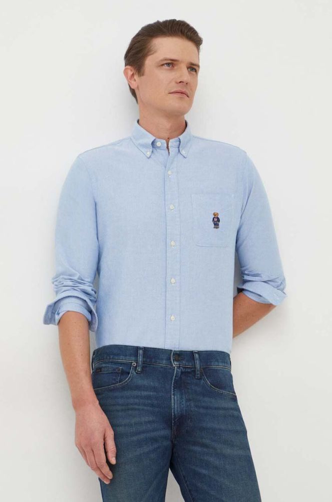 Бавовняна сорочка Polo Ralph Lauren чоловіча regular комір button-down колір блакитний (3691665)