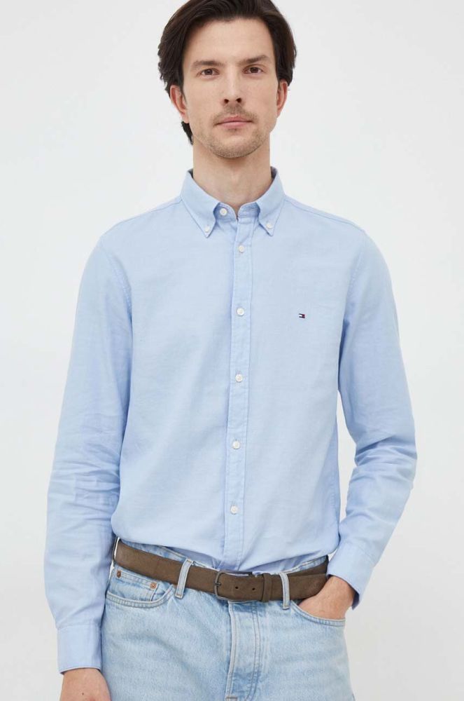 Бавовняна сорочка Tommy Hilfiger чоловіча slim комір button-down колір блакитний (3681749)