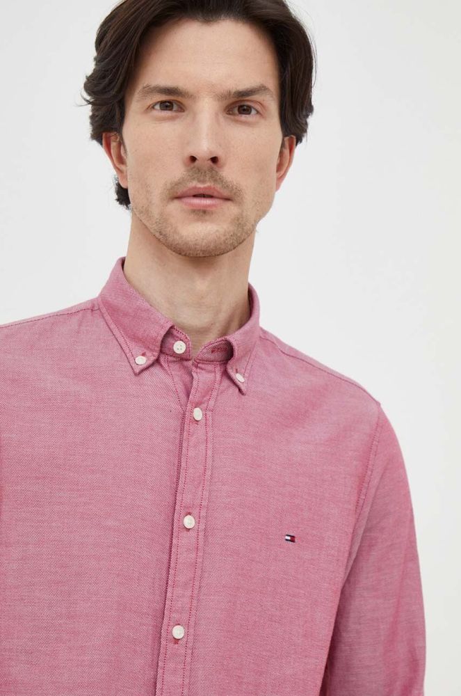 Бавовняна сорочка Tommy Hilfiger чоловіча колір бордовий slim комір button-down (3681759)
