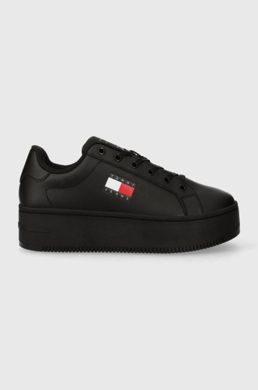 Шкіряні кросівки Tommy Jeans TJW FLATFORM ESS колір чорний EN0EN02518