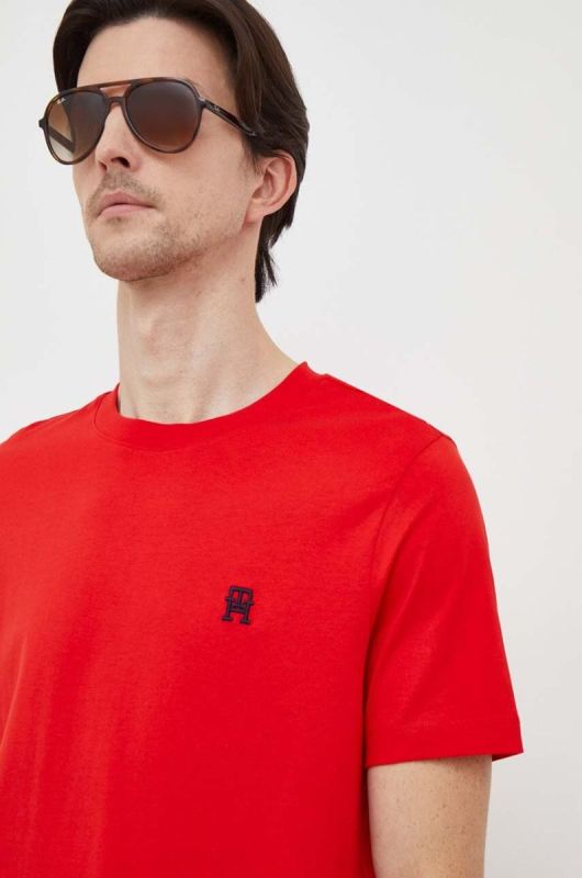 Бавовняна футболка Tommy Hilfiger чоловічий колір червоний з аплікацією