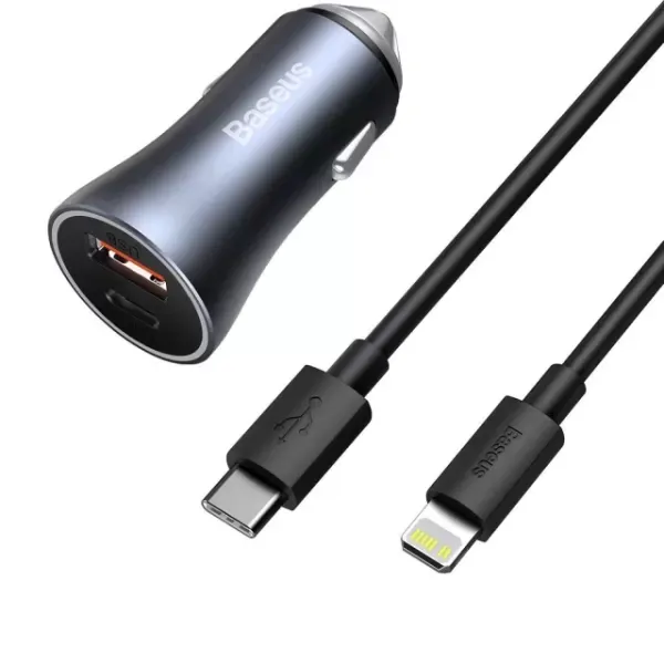 Автомобільний зарядний пристрій з кабелем Baseus Golden Contactor Pro Dual Car Charger U+C 40W (With Cable Type-C/ iP 1m) Dark Grey (TZCCJD-B0G)