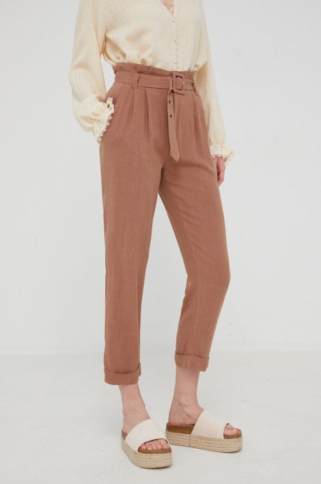 Штани з льоном Answear Lab жіночі колір коричневий пряме висока посадка