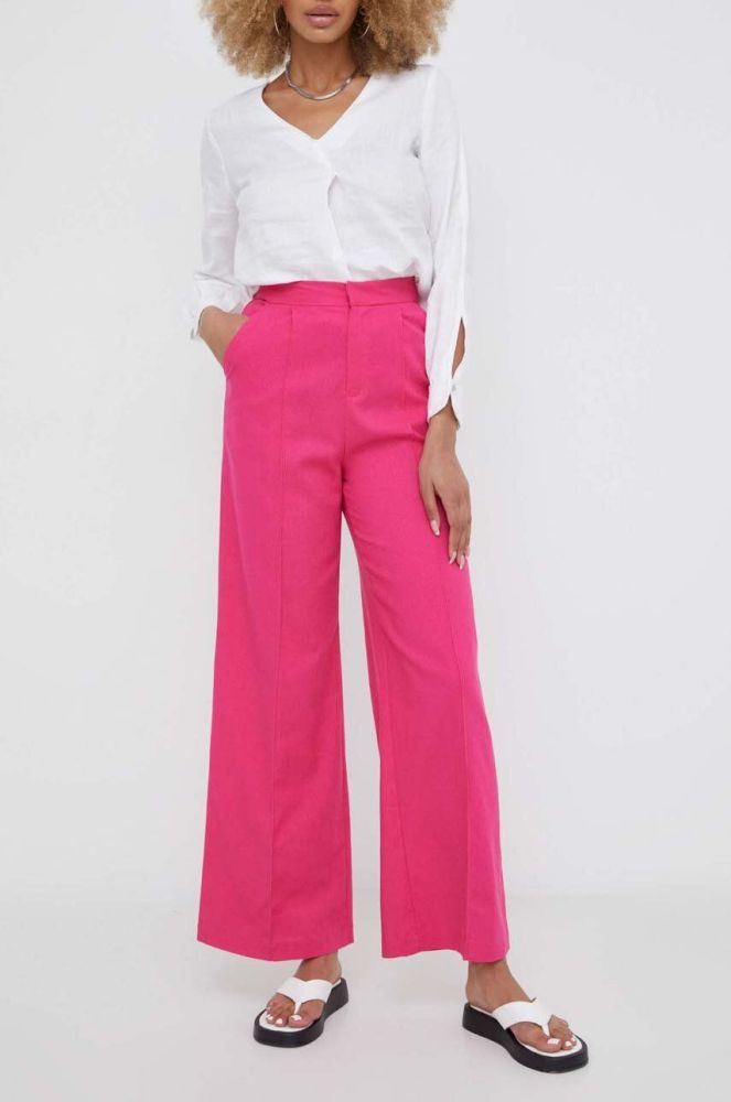 Штани з льоном Answear Lab колір рожевий пряме висока посадка