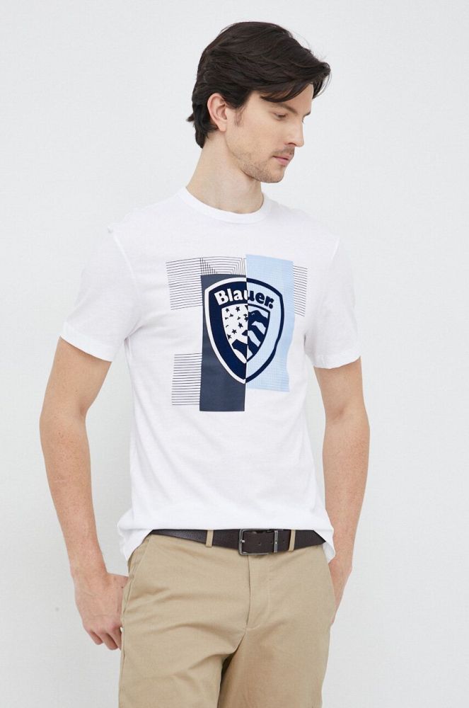 Бавовняна футболка Blauer колір білий візерунок