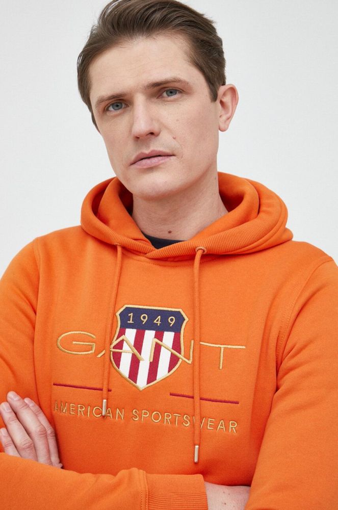 Кофта Gant чоловіча колір помаранчевий з капюшоном з аплікацією