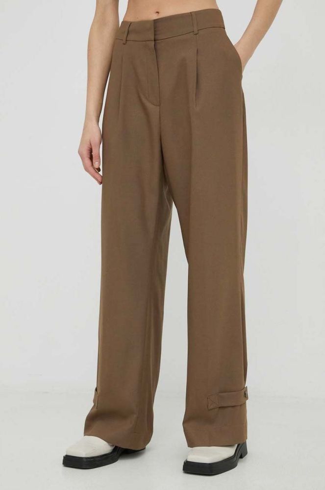 Штани з домішкою вовни Herskind Logan жіночі колір коричневий широкі висока посадка