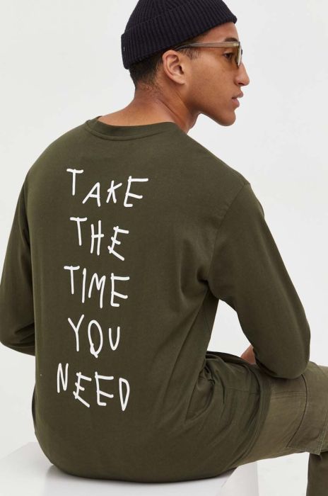 Бавовняний лонгслів Solid колір зелений з принтом