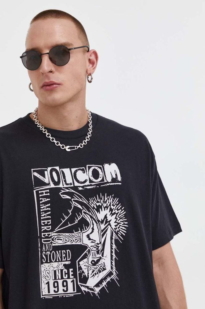 Бавовняна футболка Volcom колір чорний з принтом