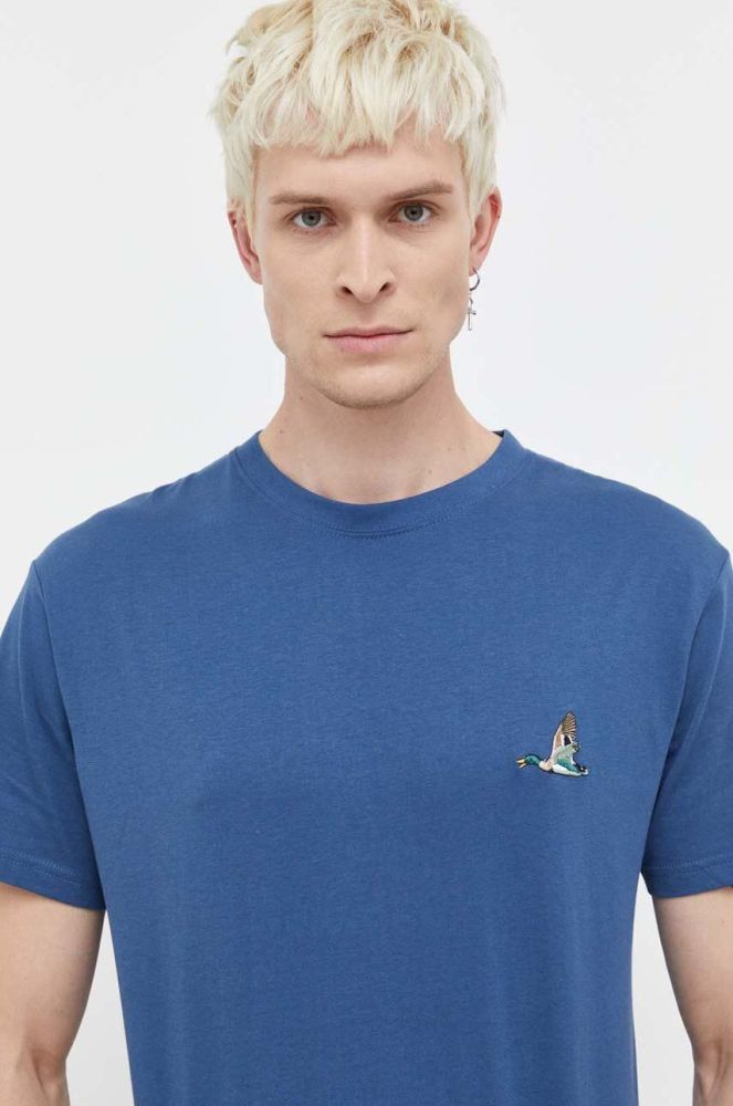 Бавовняна футболка Solid чоловічий з аплікацією колір блакитний